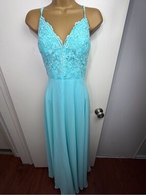 Azazie 301173 CARIBBEAN Blue Sonya Contrast Lace Bodice Bridesmaid Dress NWT A8